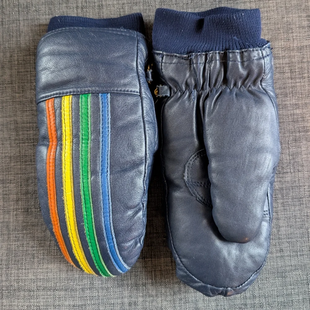 Grandoe Children Size Medium Colorful Striped Leather Mittens With Down